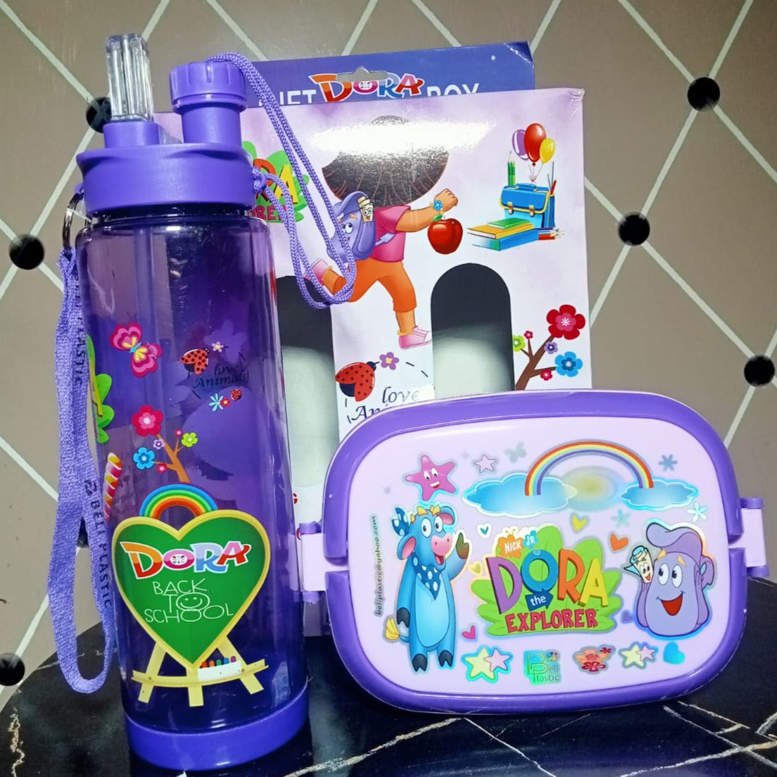 2-in-1 Kids Water Bottle & Lunch Box Gift Set – School Tiffin Box with Spoon | Cartoon Designs (Barbie, Spiderman, Ben10, Doraemon)