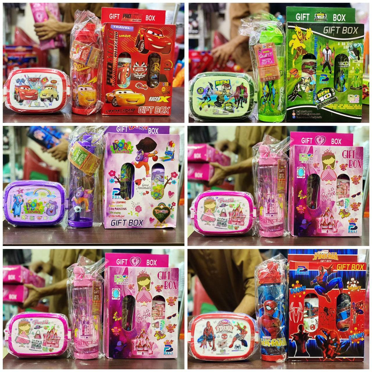 2-in-1 Kids Water Bottle & Lunch Box Gift Set – School Tiffin Box with Spoon | Cartoon Designs (Barbie, Spiderman, Ben10, Doraemon)