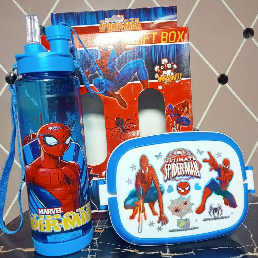 2-in-1 Kids Water Bottle & Lunch Box Gift Set – School Tiffin Box with Spoon | Cartoon Designs (Barbie, Spiderman, Ben10, Doraemon)
